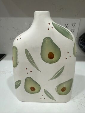 Hand-Painted Avocado Vase - White and Green Home Art 11”